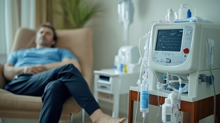 A patient performing dialysis at home using a compact, portable machine, surrounded by clean supplies and instructions, creating a comfortable, convenient home treatment setup