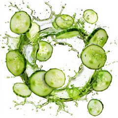 circular cucumber juice splash swirl, cucumber floating isolated white background