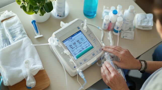 A patient performing dialysis at home using a compact, portable machine, surrounded by clean supplies and instructions, creating a comfortable, convenient home treatment setup