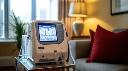 A portable dialysis machine that allows patients to perform treatments at home or while traveling, with simple setup instructions and minimal maintenance