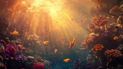 Fototapeta premium Sunbeams Illuminating a Vibrant Underwater Coral Reef with Schools of Fish
