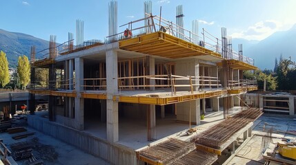 Fototapeta premium A residential building under construction with base isolators and flexible joints designed to absorb earthquake vibrations, ensuring the safety of future occupants