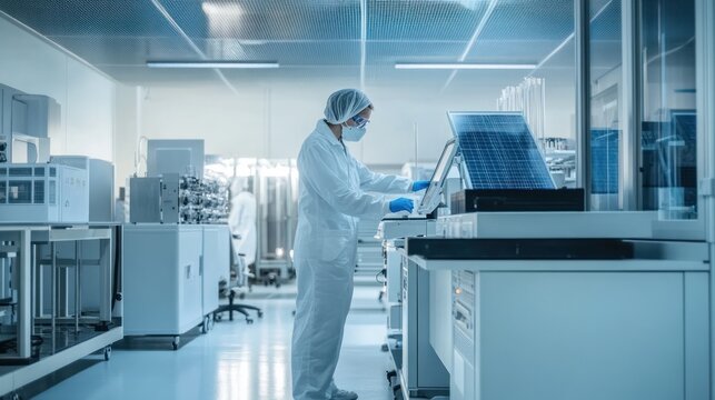 A research lab developing new clean electricity technologies, with scientists working on next-generation solar panels and energy storage solutions for a sustainable future