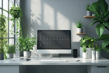 Fototapeta premium A modern desk calendar for the year 2025, with minimalistic fonts and clean lines, surrounded by high-tech gadgets and futuristic decor