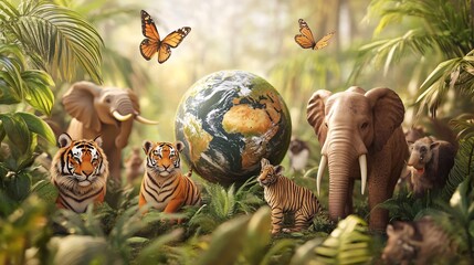 2410_205.earth day celebration scene, detailed globe floating above palm, harmonious wildlife assembly, forest creatures, magnificent tiger, gentle elephant family, tropical birds, dancing