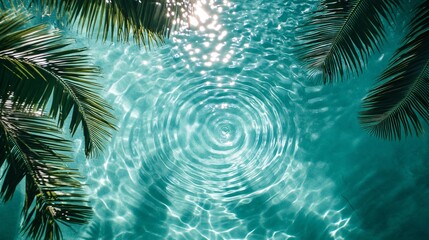 2410_207.overhead shot pristine aqua water, hypnotic circular ripples, dancing light patterns, tropical palm silhouettes, clear pool surface texture, meditative water movement, soft teal tones,