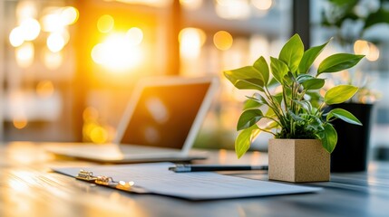 A sunlit office desk with a notebook, pen, and a vibrant potted plant reflects serenity and productivity.