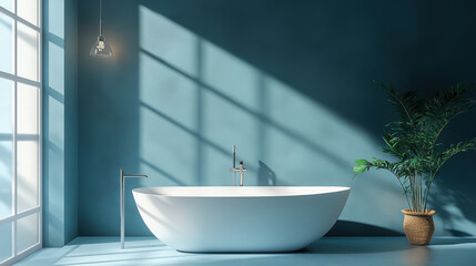 Light blue decorated bathroom scene, there is a white bathtub, stylish and simple style