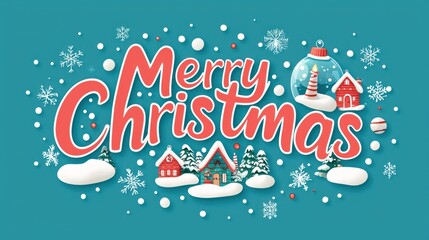 Vintage Merry Christmas Holiday Card with Snowy Typography and Festive Decorations