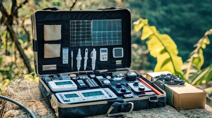 A solar-powered medical kit with essential diagnostic tools like thermometers, blood pressure monitors, and glucose meters, designed for healthcare workers in rural villages
