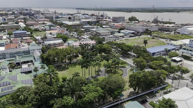 Drone orbits gardens behind state house next to Walter Roth Museum of Anthropology in Georgetown, Guyana