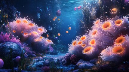 Fototapeta premium Underwater Scene with Orange and White Coral and Fish
