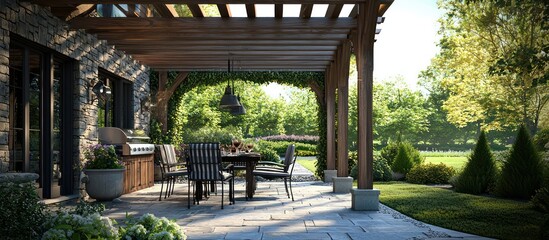 Obraz premium Courtyard dining ambiance under a pergola crafted from classic wood materials.