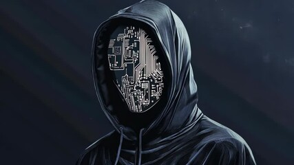 A hooded figure stands against a dark background, their face obscured by a circuit board pattern