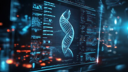 Fototapeta premium Digital representation of DNA with data overlays, emphasizing genetic research and analysis.