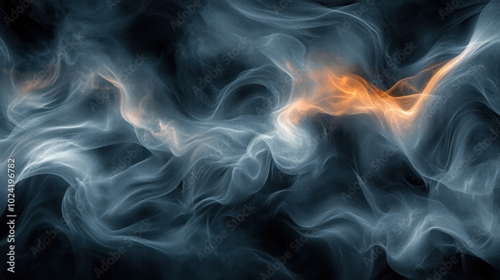 Poster abstract swirling smoke with hints of orange, creating a dynamic and ethereal visual effect.
