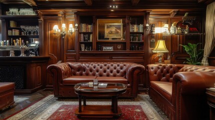 Luxurious vintage bar with rich wooden interiors and classic Chesterfield sofas, ideal for a sophisticated and elegant lounge.