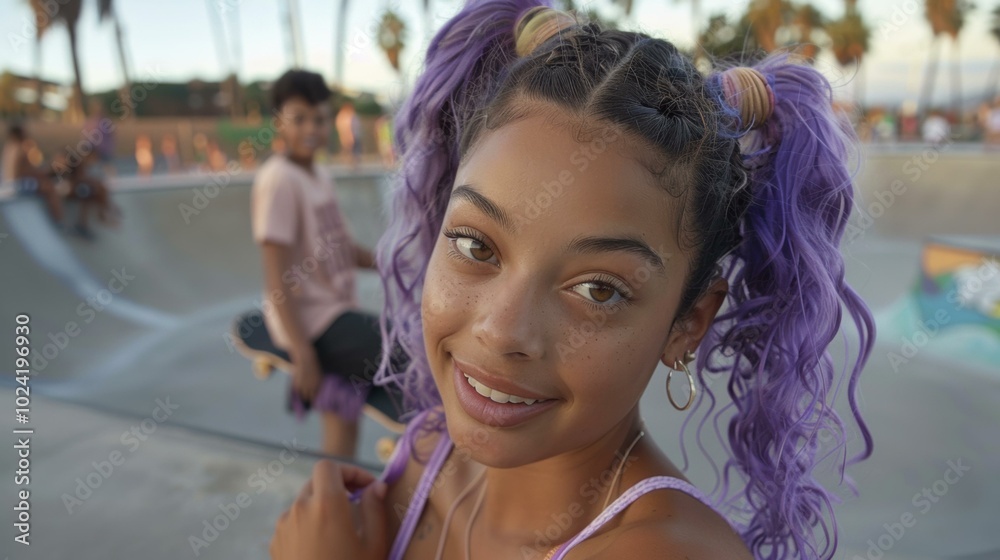 Wall mural A girl with purple hair smiles in a skateboard park. AI.