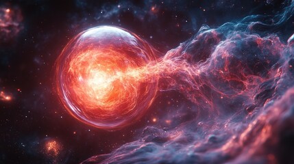 A cosmic scene depicting a vibrant energy sphere amidst swirling nebulae and cosmic clouds.