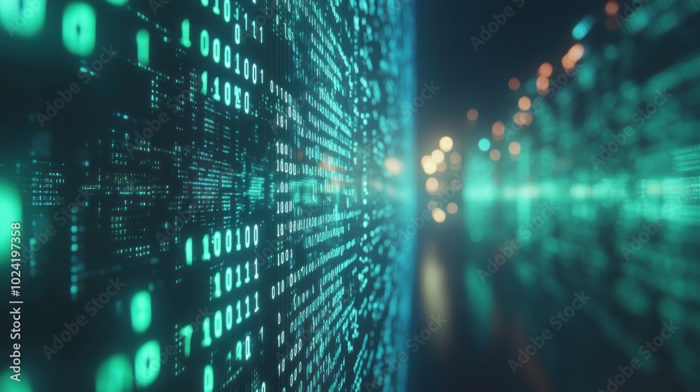 Poster a digital landscape featuring binary code and glowing data streams, symbolizing technology.