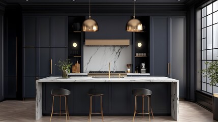 A luxury kitchen with a marble island, gold hardware, and custom cabinetry in a deep navy color
