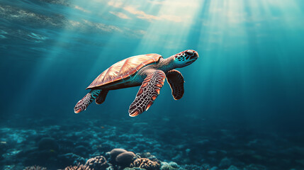 A majestic sea turtle gracefully swimming through clear blue ocean waters, surrounded by vibrant coral reefs and illuminated by soft rays of sunlight filtering from above.