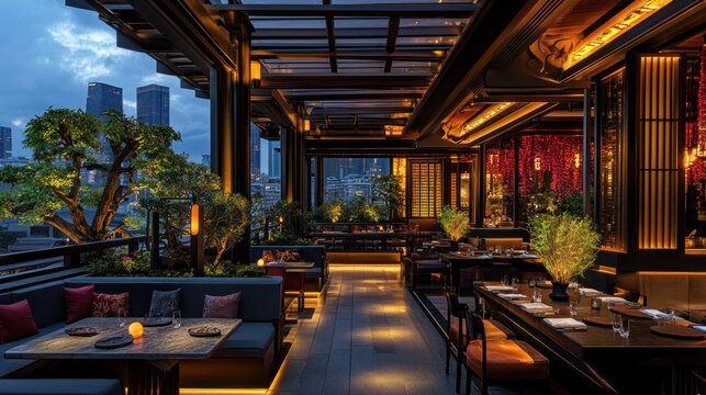 An Asian rooftop restaurant offering panoramic views of the city, with outdoor seating where customers dine on gourmet dishes under the stars, surrounded by ambient lighting - Powered by Adobe