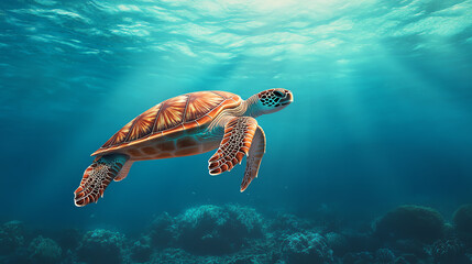 Fototapeta premium A graceful sea turtle swimming freely in crystal-clear waters, surrounded by vibrant marine life, showcasing the beauty of ocean ecosystems.