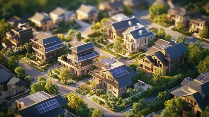 Obraz premium An urban neighborhood with a microgrid system, where homes and businesses are connected to a local power grid fed by solar and wind energy, ensuring energy independence