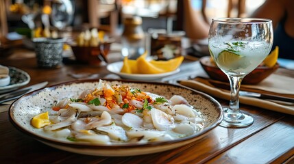 Close-up of a White Fish Ceviche Dish on a Rustic Wooden Table with a Glass of Lemonade