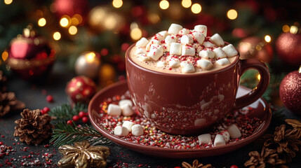 Fototapeta premium A vibrant hot chocolate poster with colorful marshmallows floating on a cup of hot chocolate, surrounded by festive holiday decorations and warm lighting