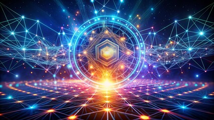 A symphony of interconnected luminous nodes and swirling digital threads in a vibrant cosmic landscape