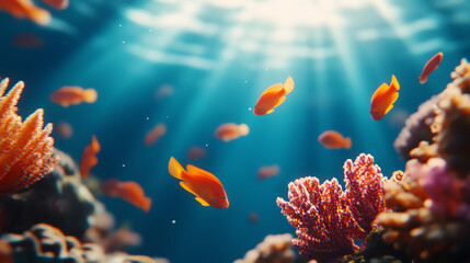 An underwater scene featuring vibrant coral and colorful fish swimming gracefully amidst sunbeams filtering through the water, showcasing the beauty of marine life.