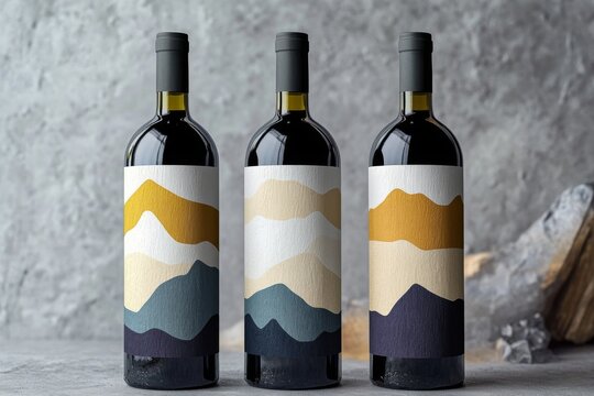 three red wine bottles with packaging label with  abstract minimalist mountain shapes