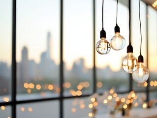 Stylish hanging light bulbs create a warm ambiance against a city skyline backdrop, perfect for modern decor and interior design.