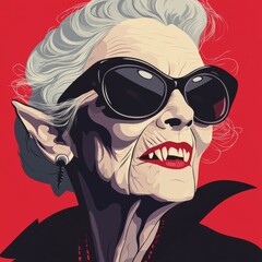 Fototapeta premium Elderly woman with bold fashion and vampire-like features stands before a bright red background