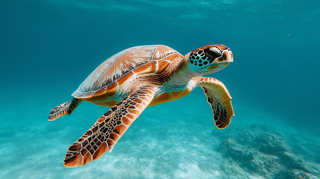 A vibrant sea turtle gracefully swimming through clear blue waters, showcasing its distinctive shell and patterns against the serene underwater environment.
