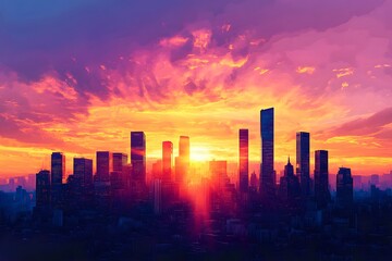 Cityscape Silhouette at Sunset with Vivid Orange and Pink Clouds