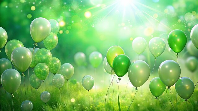 A symphony of green balloons floats gracefully amidst a lush meadow, bathed in warm sunlight and sparkling with ethereal dust