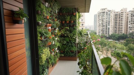 Fototapeta premium Vertical garden structure filled with green plants and flowers, enhancing a city apartments veranda with natural beauty.