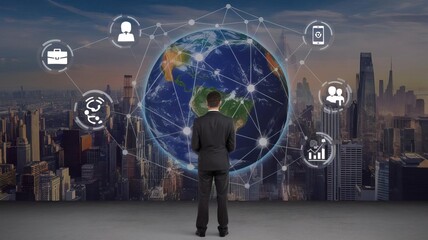 Businessman analyzing global connections with digital interfaces in background.
