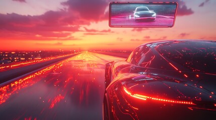 Autonomous car on a futuristic highway at sunset, glowing holographic displays floating above showing road status, speed, and lane guidance, vibrant sky with orange and pink hues,