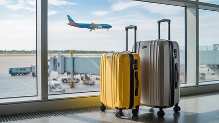 Luggage at the airport with airplane view, travel concept, modern design.