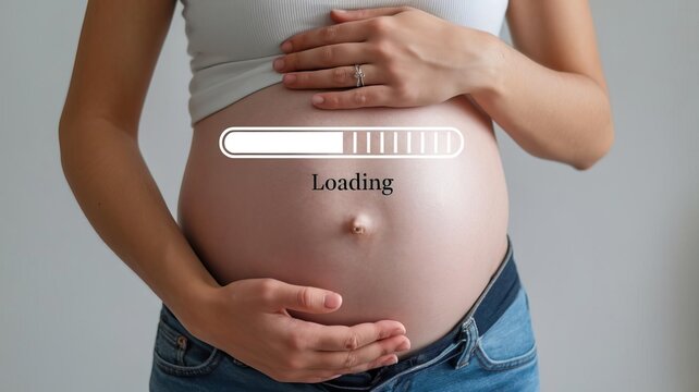 Pregnant woman showing baby loading progress on her belly.