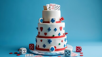 Casino themed cake with poker chips cards and dice on blue background