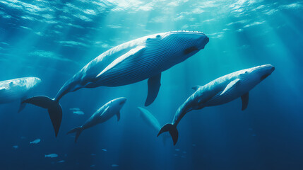 Fototapeta premium A serene underwater scene featuring several majestic whales gracefully swimming amidst the ethereal light filtering through the ocean surface.