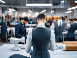 Tailors meticulously craft suits in a modern workshop, showcasing precision and skill in the art of clothing design.