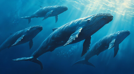 Fototapeta premium A group of majestic whales swimming gracefully in deep blue waters, showcasing their grandeur while sunlight filters through the ocean surface.