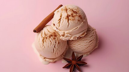 Chai spice ice cream with a cinnamon stick on pink background