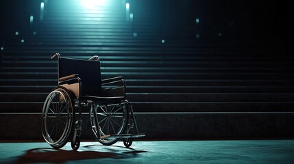 Obraz premium An empty wheelchair is positioned in front of concrete stairs, symbolizing accessibility challenges in 3D..